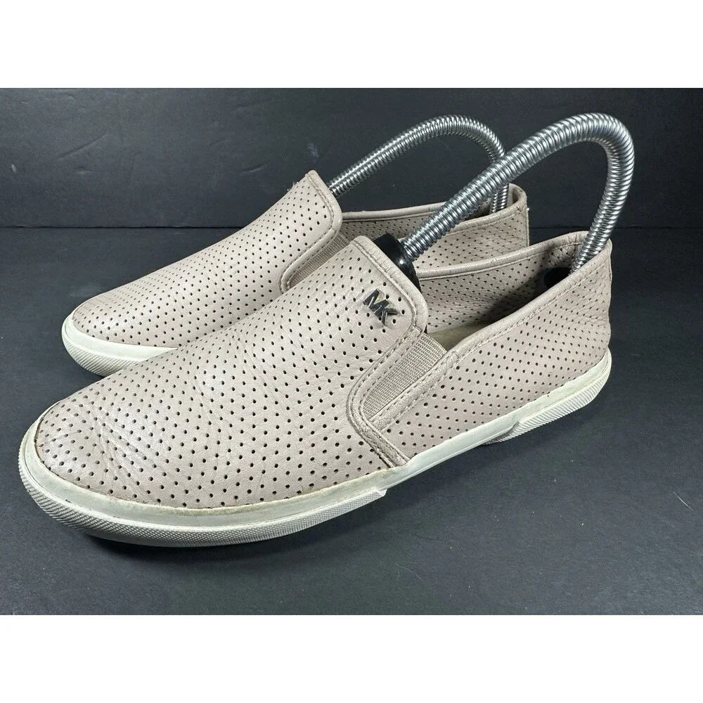 Michael Kors Keaton Perforated Slip-On Sneakers in Soft Beige Leather Size 8